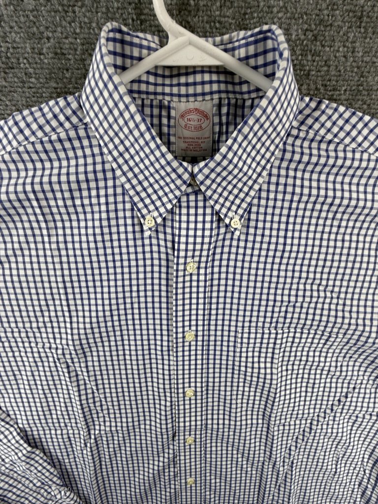 Brooks Brothers Non-Iron Check Traditional 16.5 37 Cotton Button-Down Blue Men